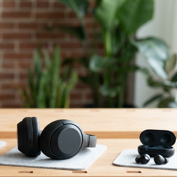 Electronic devices on a wooden table with 'Curated' branding, including headphones and a small black device.