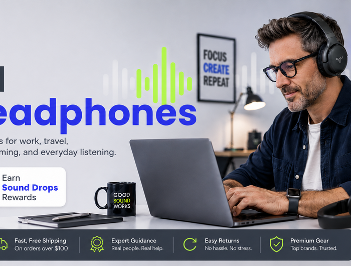 A man wearing over-ear headphones sits at a desk using a laptop in a modern office setting. Large promotional text reads 'All Headphones' with feature callouts and a 'Sound Drops' badge.